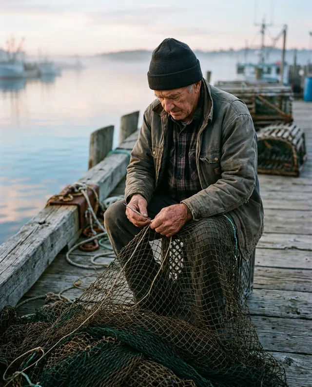 Nano Banana 2.1: a photo of an elderly fisherman mending a net on a wooden dock at dawn