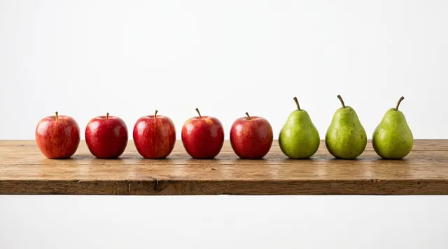 Nano Banana 2: red apples and green pears in a row on a wooden table