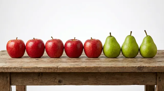 Nano Banana 2.1: red apples and green pears in a row on a wooden table