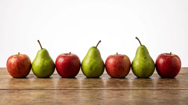 Nano Banana Pro: red apples and green pears in a row on a wooden table
