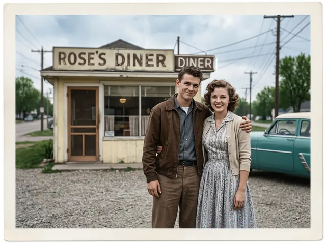Nano Banana 2: the old photo restored and colorized: a couple in front of Rose's Diner