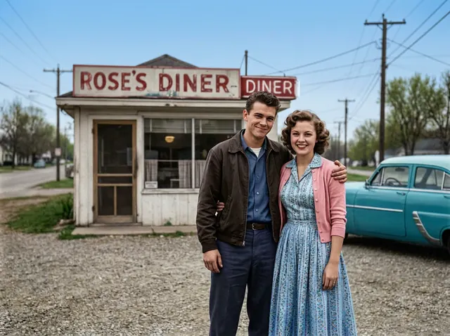 Nano Banana Pro: the old photo restored and colorized: a couple in front of Rose's Diner