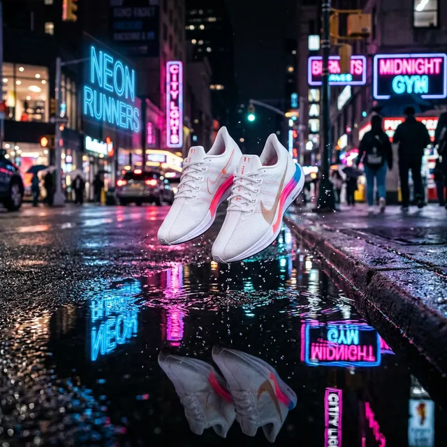 Nano Banana 2: white running shoes floating above a puddle on a neon-lit city street at night