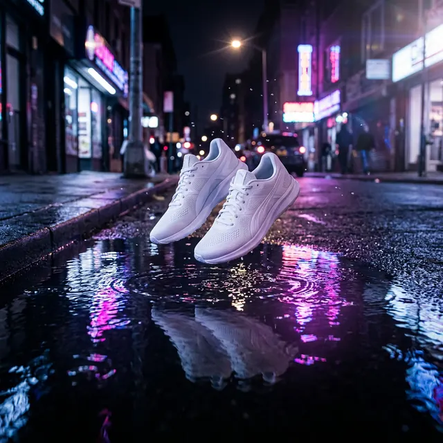 Nano Banana 2.1: white running shoes floating above a puddle on a neon-lit city street at night