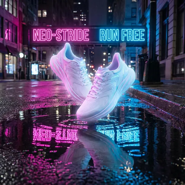 Nano Banana Pro: white running shoes floating above a puddle on a neon-lit city street at night