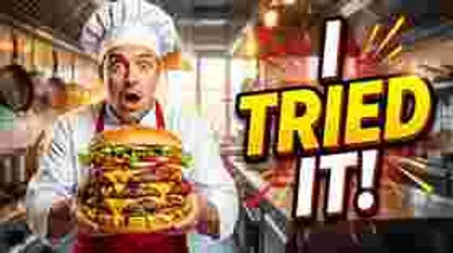 A blurry, blocky screenshot of a video thumbnail: a chef holding a giant burger next to the words I TRIED IT! (a sharp image made with the model, crushed by us)