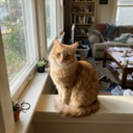 A 128 x 128 pixel photo of an orange tabby cat on a windowsill, enlarged to show its pixels (a sharp photo made with the model, shrunk by us)