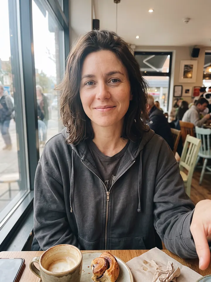 The same cafe selfie, sharp at 2K: her face, hair, hoodie, the coffee and the pastry in focus