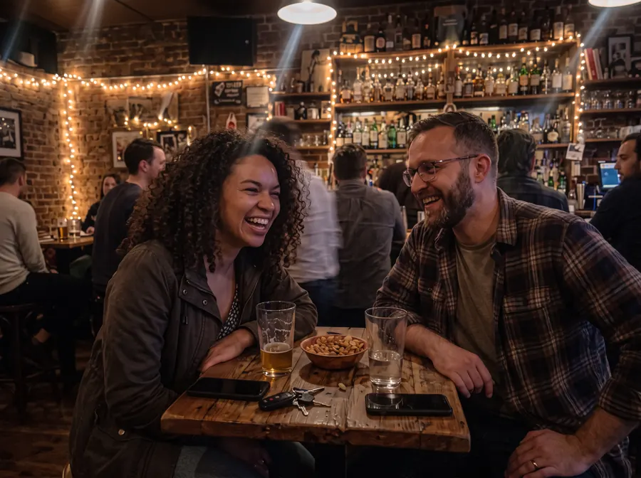 The same bar photo, clean and brighter: the two friends, the string lights and the shelves of bottles behind them