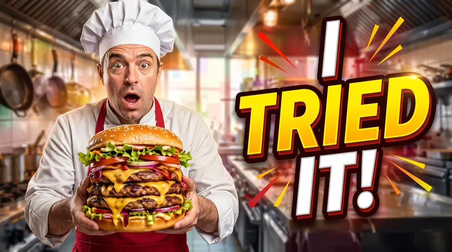 The same thumbnail, sharp: the chef, the burger and the words I TRIED IT! spelled right