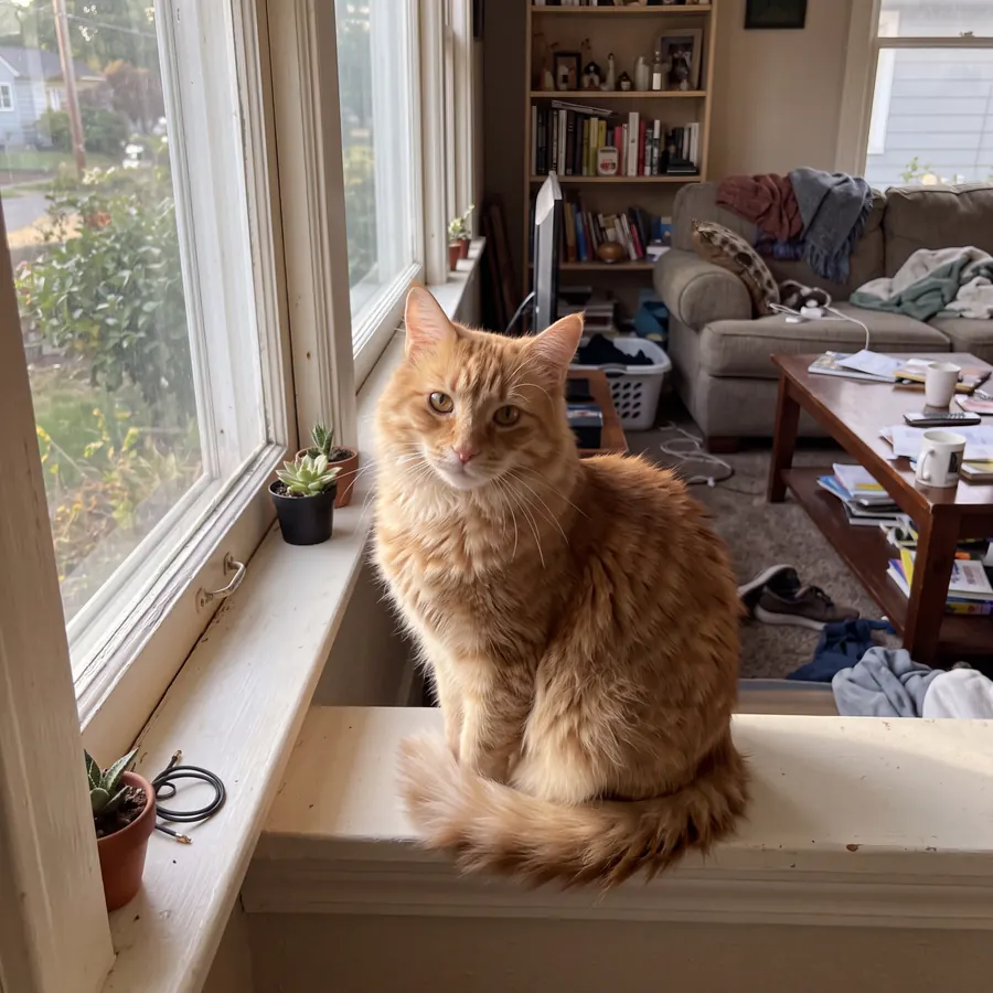 The same cat on the windowsill as a sharp 4096 x 4096 pixel photo, with the living room behind it