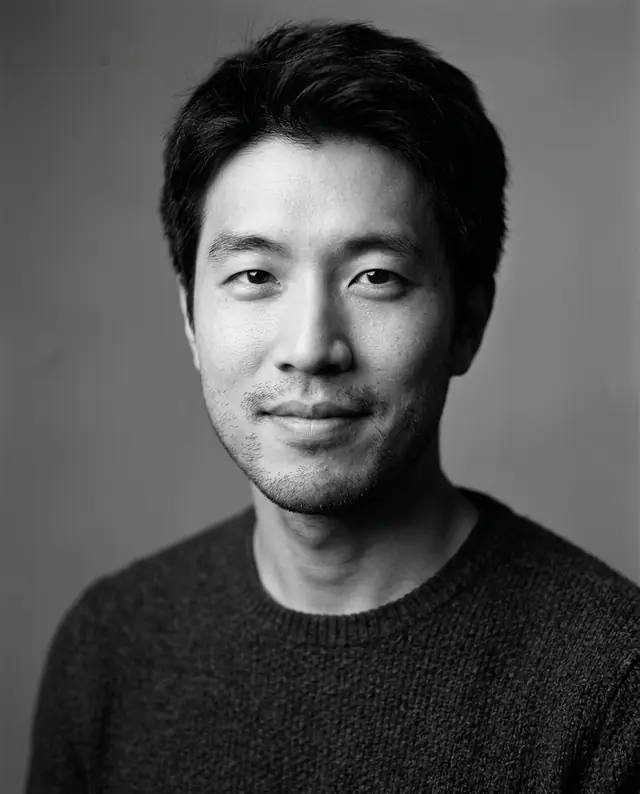 A black-and-white studio headshot of the man in a dark sweater