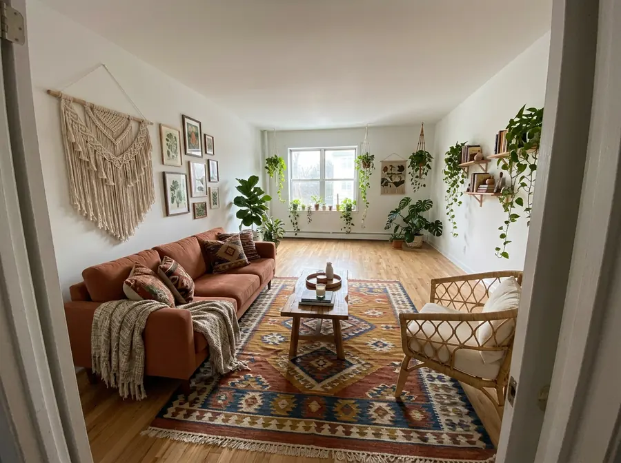 The empty room furnished in boho style: a terracotta sofa, rattan armchair, kilim rug, macrame and trailing plants