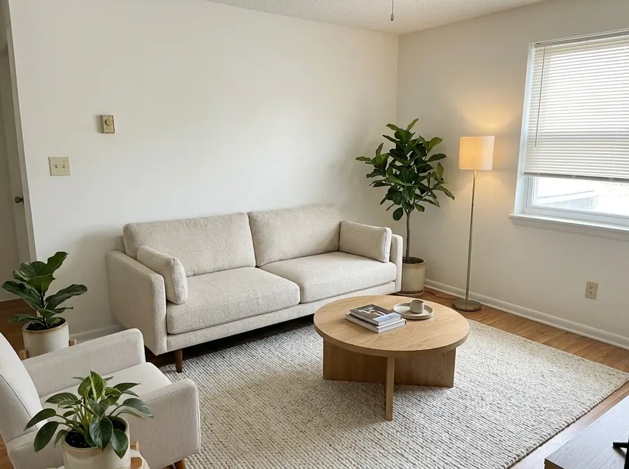 The same living room decluttered and restyled with a light sofa, round wooden coffee table, rug, floor lamp and plants