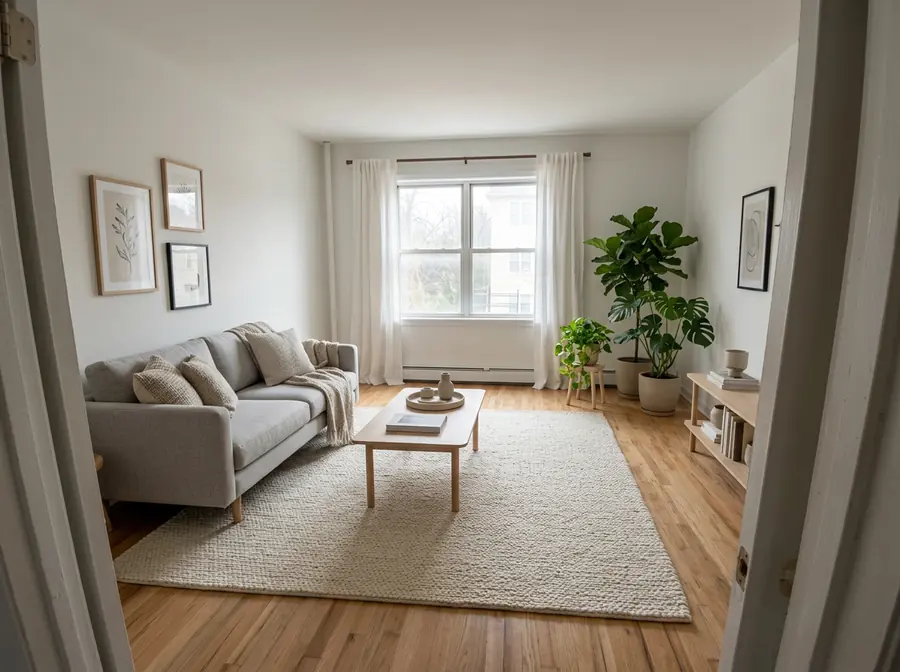 The empty room furnished in Scandinavian style: a light gray sofa, pale oak coffee table, cream rug, plants and linen curtains