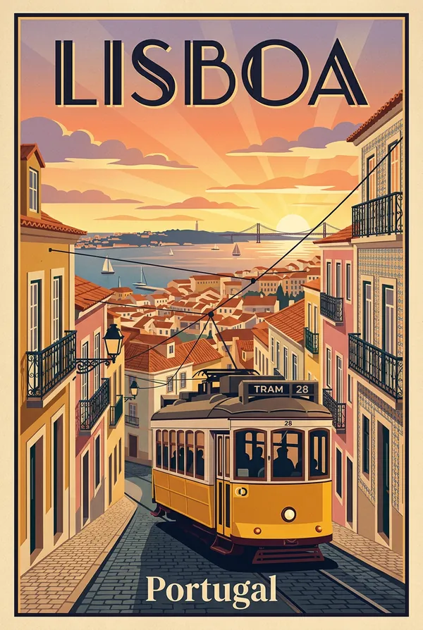 Vintage art deco travel poster of a yellow Lisbon tram at sunset with the word LISBOA
