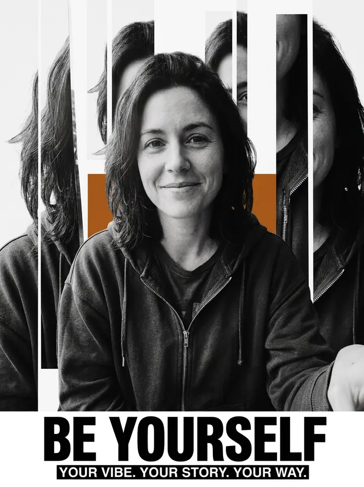 A black-and-white poster of the woman with sliced repeats of her face behind her, an orange color block and the headline BE YOURSELF