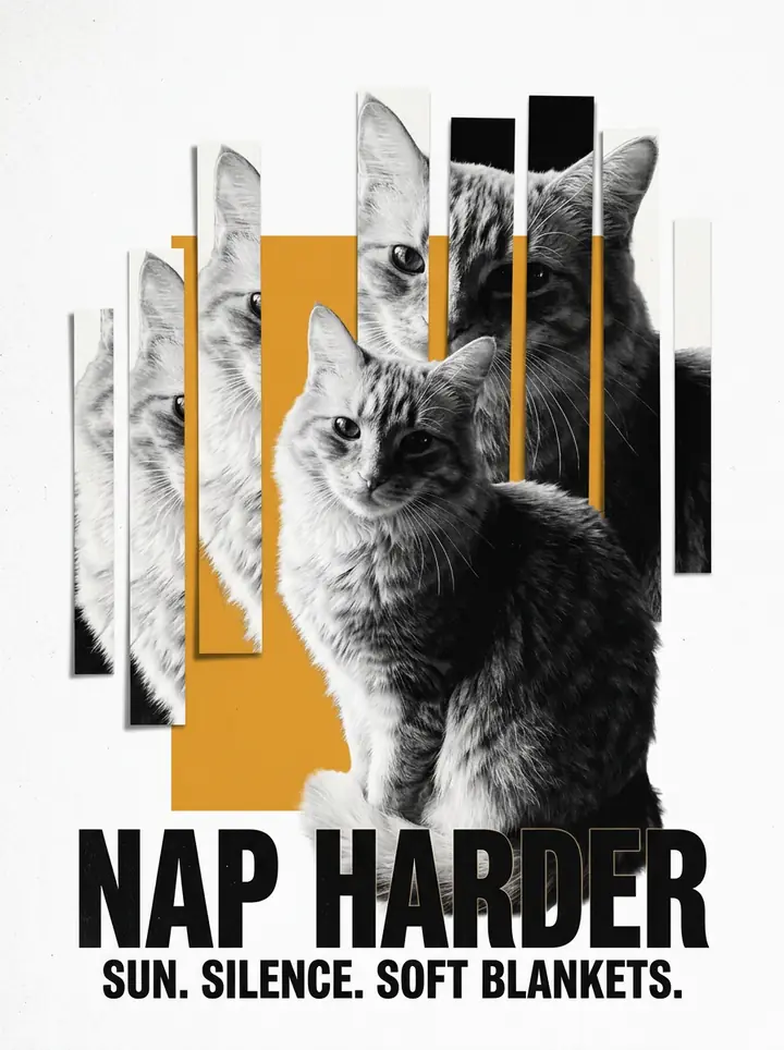 A black-and-white poster of the cat with sliced repeats behind it, a mustard color block and the headline NAP HARDER