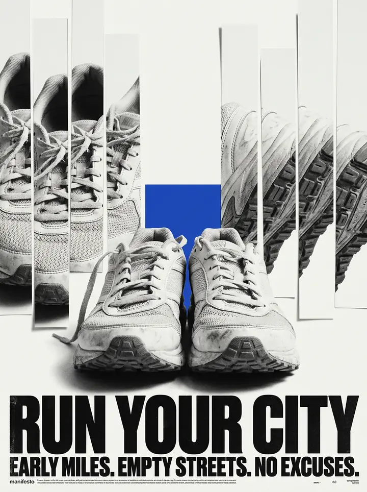 A black-and-white poster of worn white running shoes with sliced repeats behind them, a blue color block and the headline RUN YOUR CITY