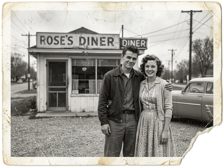 Scratched black-and-white 1950s photo of a couple in front of a diner, with a torn corner