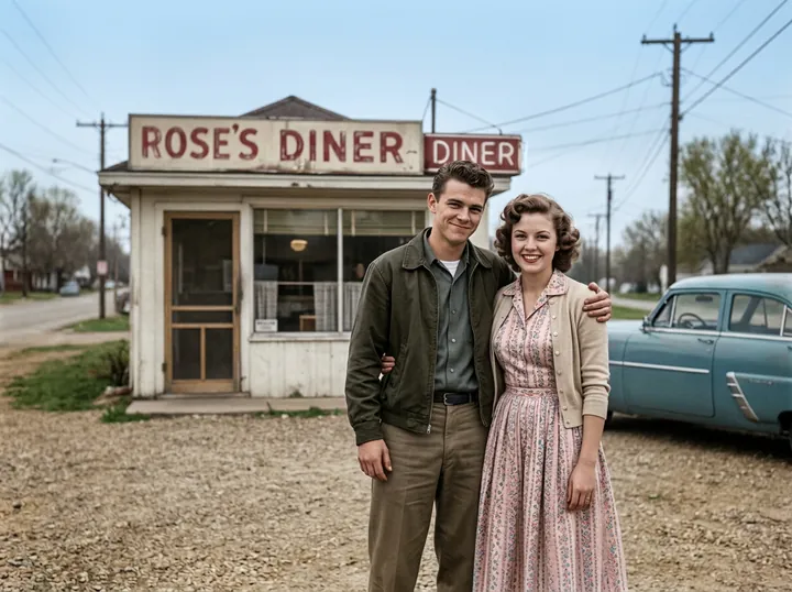 The same photo restored and colorized, the couple in front of Rose's Diner