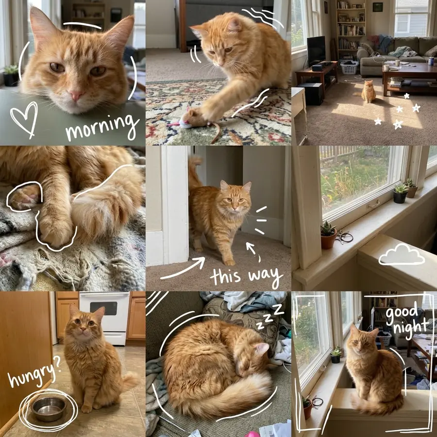 A 3x3 photo diary of the same orange tabby cat at home: waking up, playing, napping and waiting by the food bowl, with white doodles