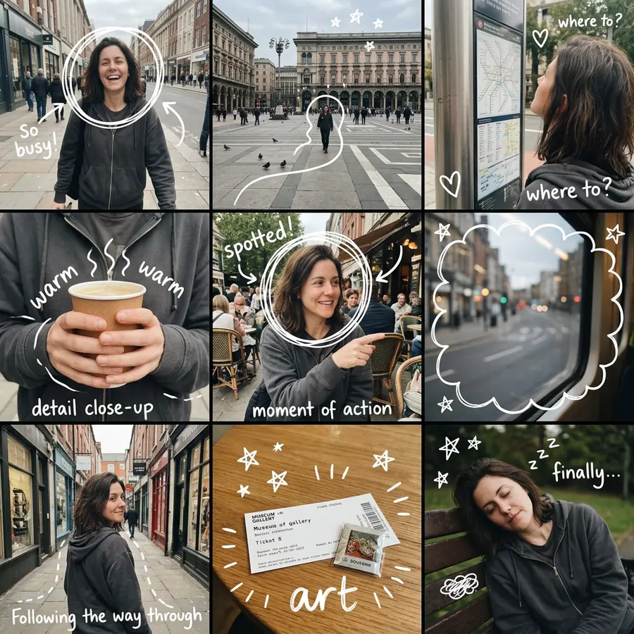 A 3x3 city-day photo diary of the same woman: laughing in the street, holding a coffee, at a cafe and dozing on a bench, with white doodles