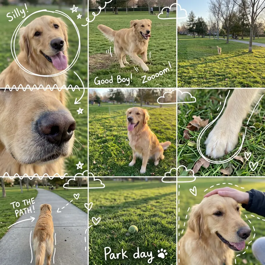 A 3x3 photo diary of the same golden retriever at the park: running, a nose close-up, a paw and a head pat, with white doodles
