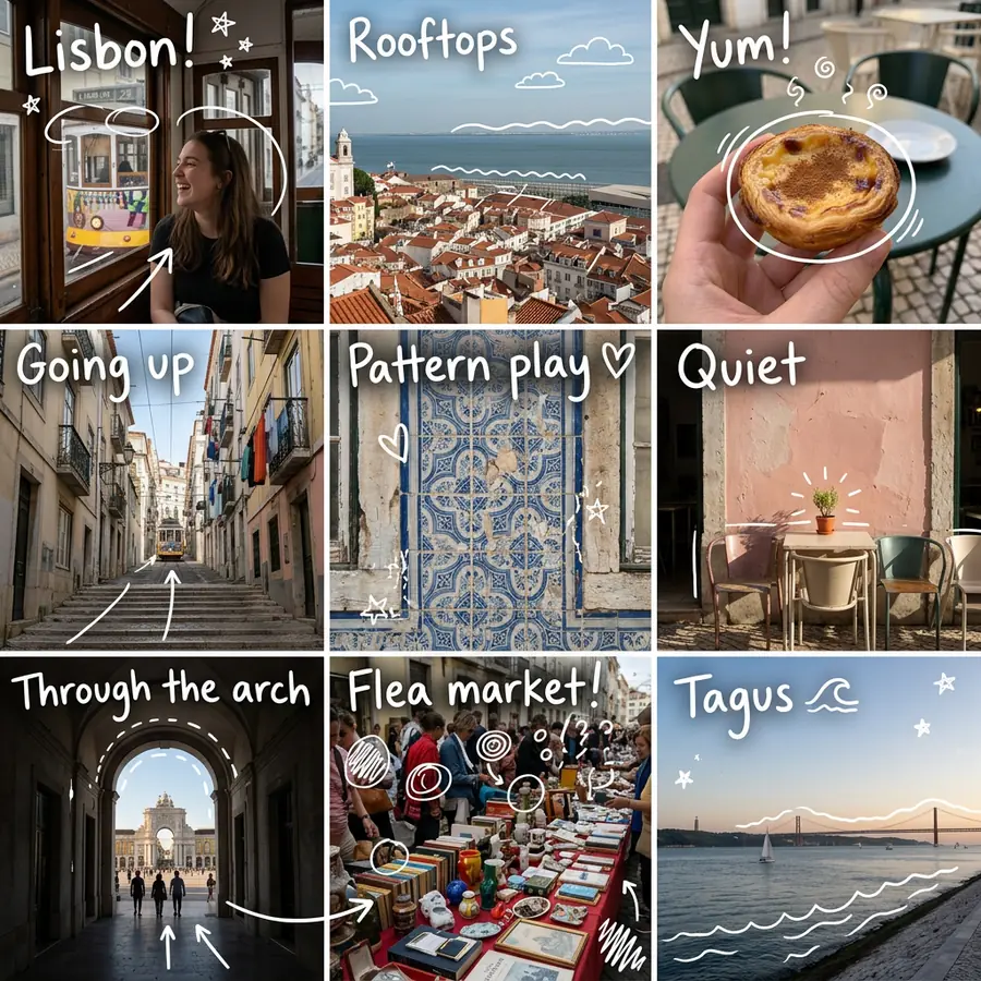 A 3x3 Lisbon photo diary: a yellow tram, rooftops, a custard tart, steep streets and tiles, with white doodles and words like Rooftops and Tagus