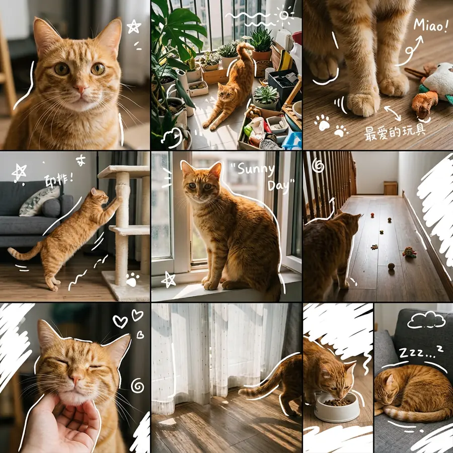 A 3x3 photo diary of an orange cat with white doodles and handwritten Chinese words, made from the Chinese version of the prompt