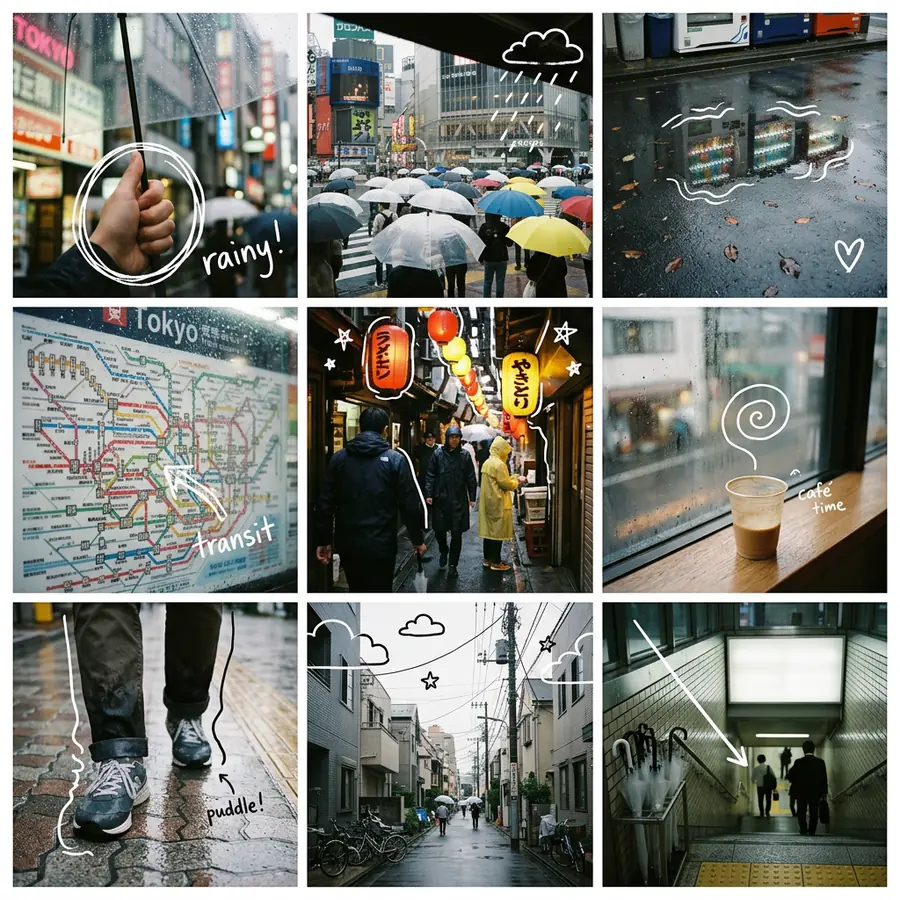 A 3x3 rainy Tokyo photo diary: umbrellas at a crossing, a subway map, a lantern-lit alley and wet sneakers, with white doodles