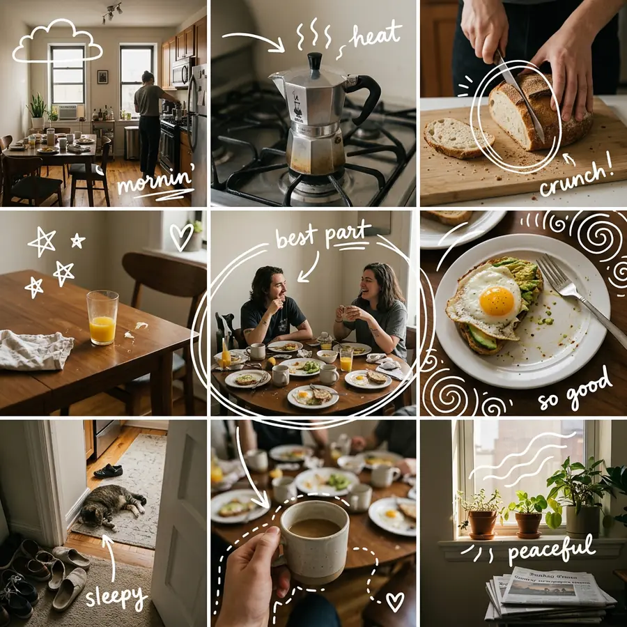 A 3x3 brunch photo diary: a moka pot on the stove, bread being sliced, friends at the table, an egg on toast, with white doodles