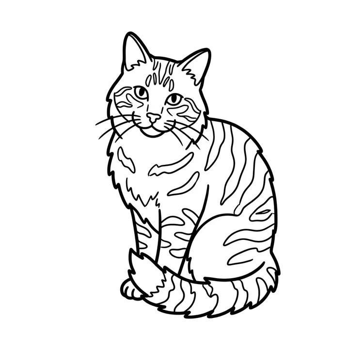 The orange tabby as a coloring page: thick black outlines of the sitting cat with its stripes as simple shapes, on plain white