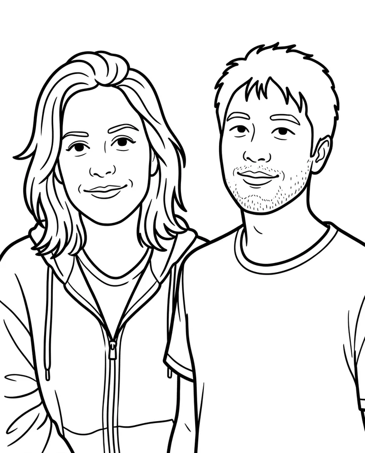 The woman and the man side by side as one coloring page: thick black outlines of their faces, hair, hoodie and T-shirt on plain white