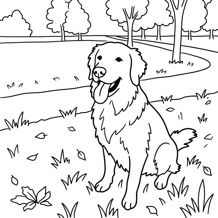 The golden retriever as a coloring page: bold black outlines of the dog sitting on grass, with a few trees and leaves