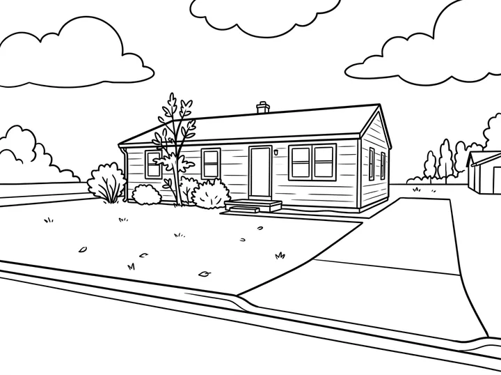 The house as a coloring page: thick black outlines of the house, shrubs, trees and puffy clouds over a wide driveway