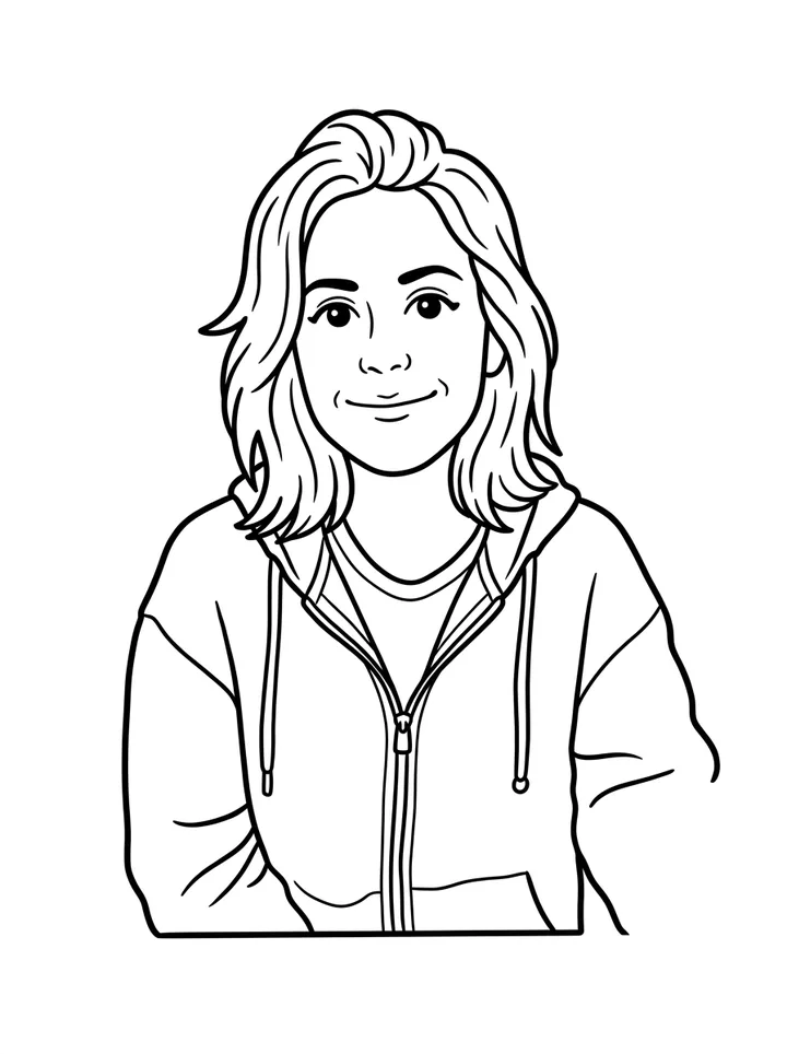 The woman from the selfie as a cartoon coloring page: thick black outlines of her face, hair and hoodie on plain white