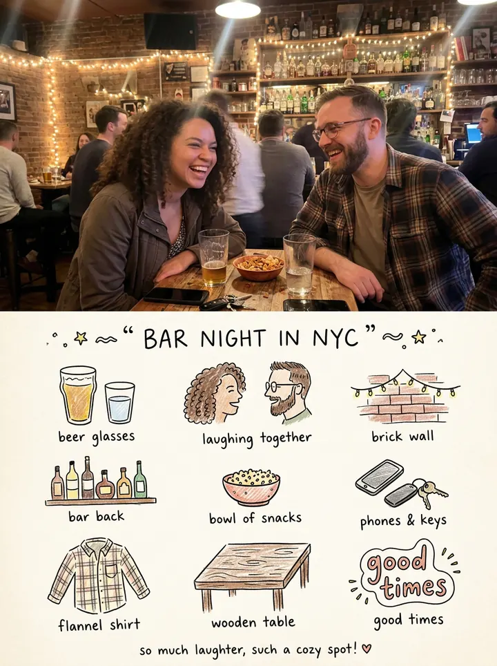 The bar photo on top and nine labeled doodles below: beer glasses, the two friends laughing, a brick wall, the bar back, a bowl of snacks, phones and keys, a flannel shirt, a wooden table and good times