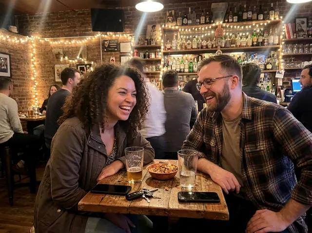 A phone photo of two friends laughing at a bar table at night (made with the model)