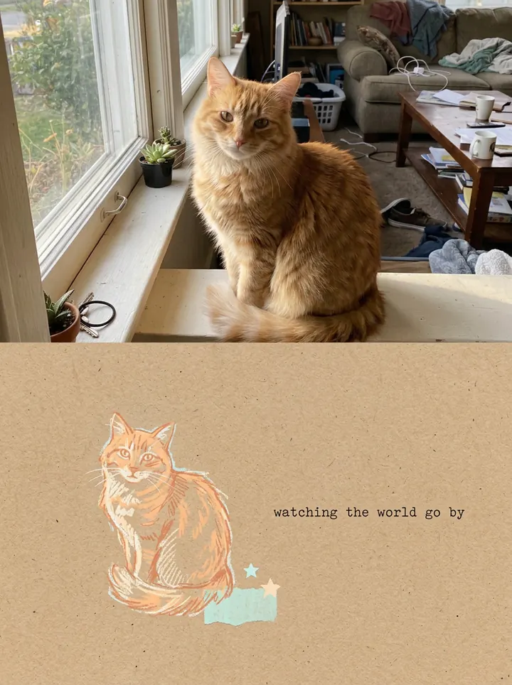 The orange cat photo on top and, below, one small pastel drawing of the cat on kraft paper with a mint paper scrap and the line watching the world go by