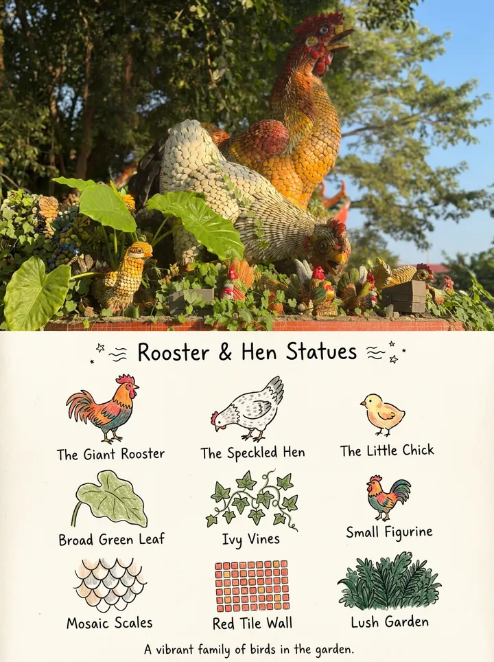 Our mosaic chicken statues photo on top and nine labeled doodles below, including the giant rooster, the speckled hen, a little chick, ivy vines and mosaic scales