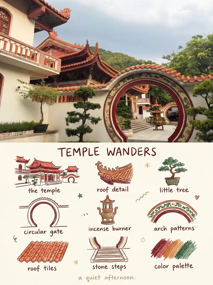 Our temple courtyard photo on top and nine crayon drawings below: the temple, a roof detail, a bonsai, the round gate, the incense burner, arch patterns, roof tiles, stone steps and a color palette
