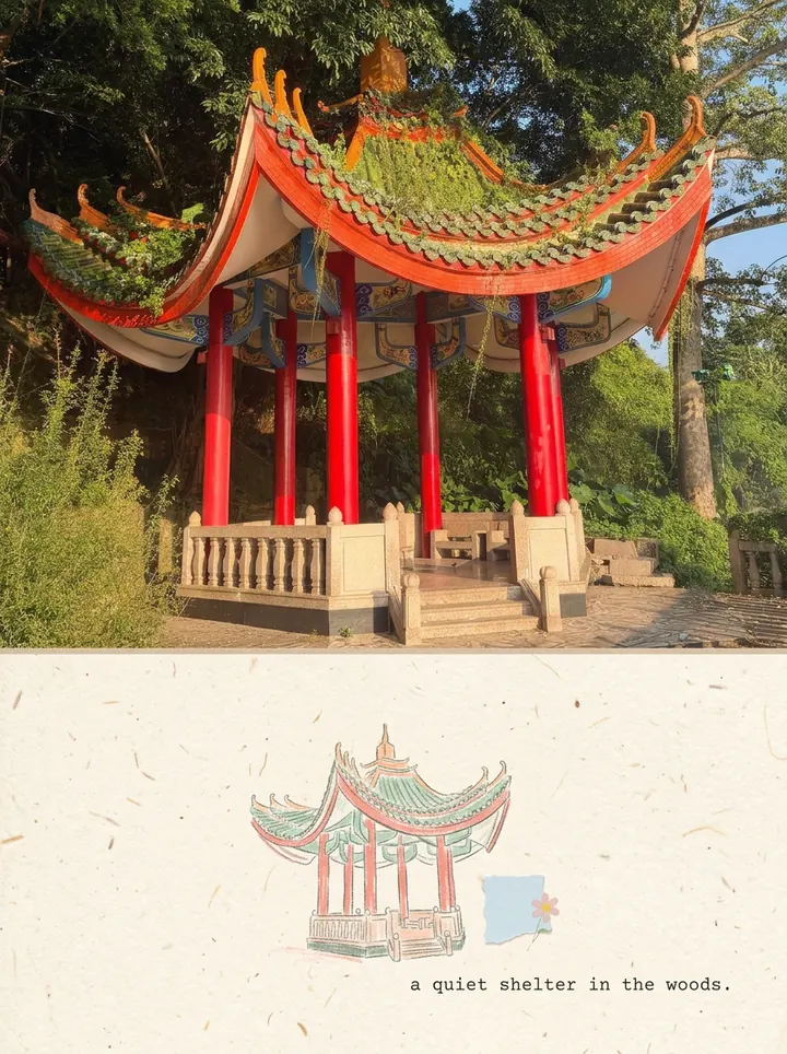 Our pavilion photo on top and, below, one small pastel drawing of the pavilion on textured paper with a scrap of blue paper and the line a quiet shelter in the woods