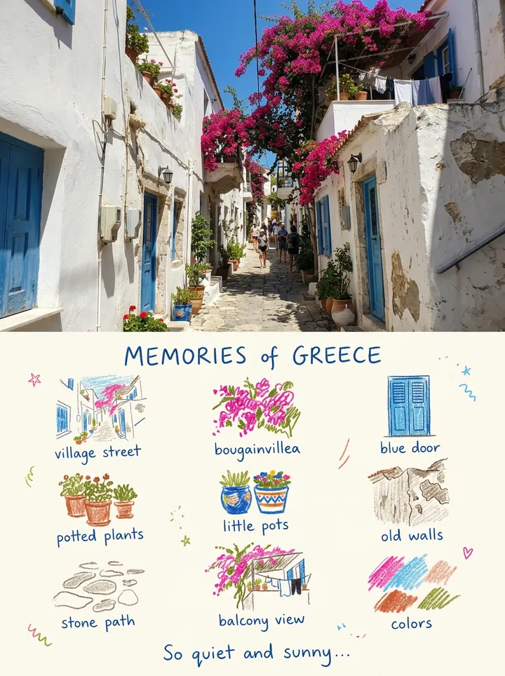 The whitewashed street photo on top and nine crayon drawings below: the village street, bougainvillea, a blue door, potted plants, little pots, old walls, the stone path, a balcony view and colors