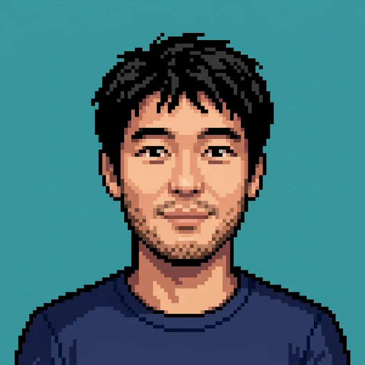 The man as a pixel art profile picture from the shoulders up on a plain teal background
