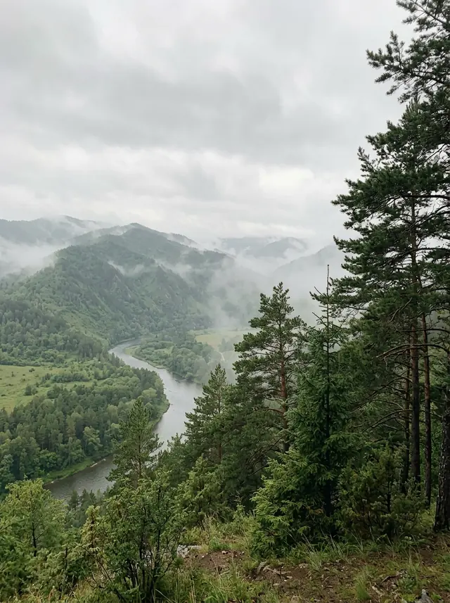 A phone photo of misty green mountains with a winding river and pine trees (made with the model)
