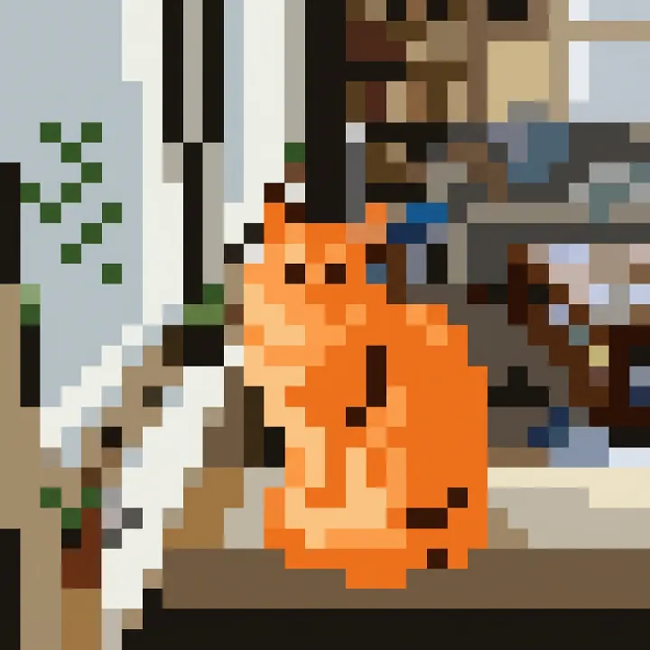 The orange cat on the windowsill as very coarse pixel art, asked for a 16 by 16 grid