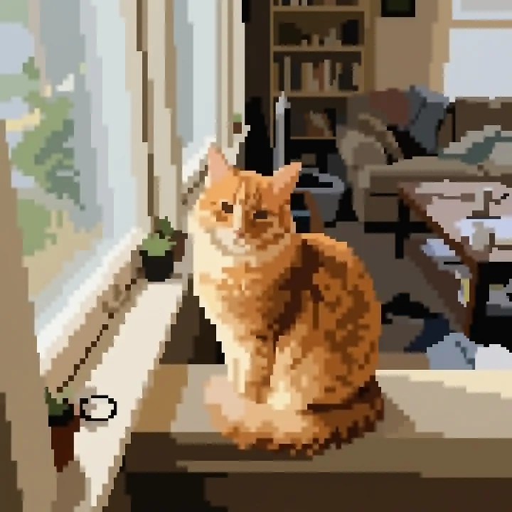 The orange cat on the windowsill as fine, detailed pixel art, asked for a 32 by 32 grid