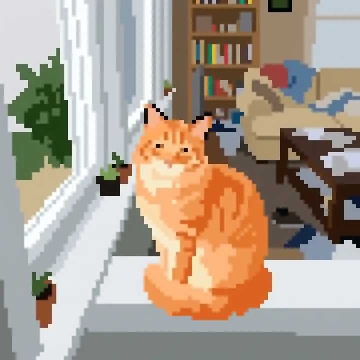 The orange cat on the windowsill as clean pixel art with flat colors, asked for a 64 by 64 grid