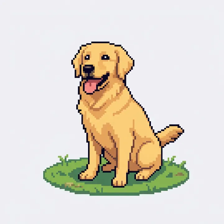 The golden retriever as a pixel art game sprite sitting on a small patch of grass on a plain light background